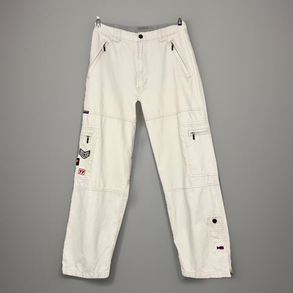 Vintage Y2K Bugle Boy Cargo Pants 30x30 Khaki Camo Wide Leg Patches Zip Pocket - Picture 1 of 12